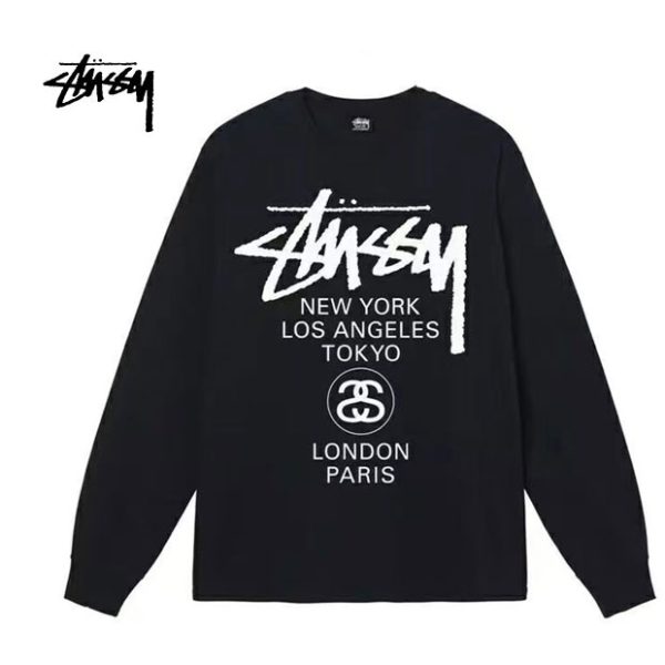 STUSSY 世界巡遊印花男女情侶寬鬆長袖T恤嘻哈滑板潮牌 男女同款 黑色/白色