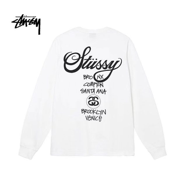 STUSSY 世界巡遊印花男女情侶寬鬆長袖T恤嘻哈滑板潮牌 男女同款 黑色/白色