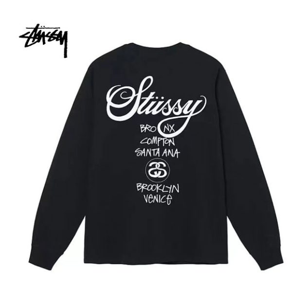 STUSSY 世界巡遊印花男女情侶寬鬆長袖T恤嘻哈滑板潮牌 男女同款 黑色/白色