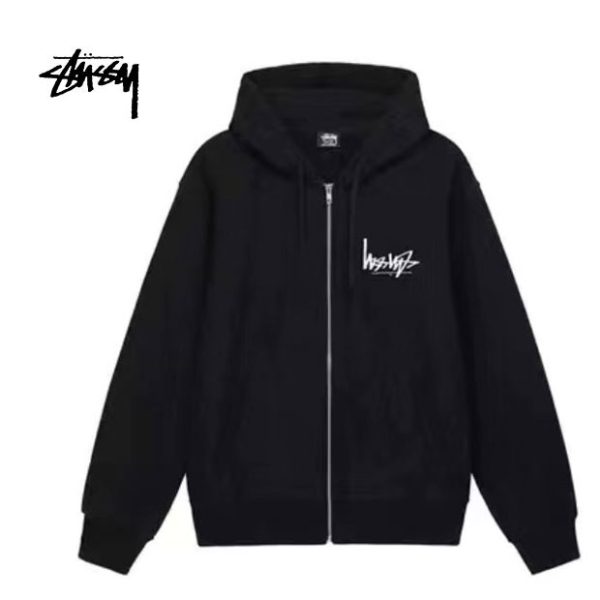 【黑色/灰色】Stussy Logo印花拉鏈抽繩連帽衛衣外套 男女同款