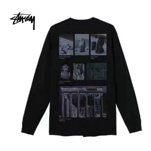 Stussy 廢墟遺址圖案印花寬鬆 圓領長袖T恤 男女同款 黑色/白色