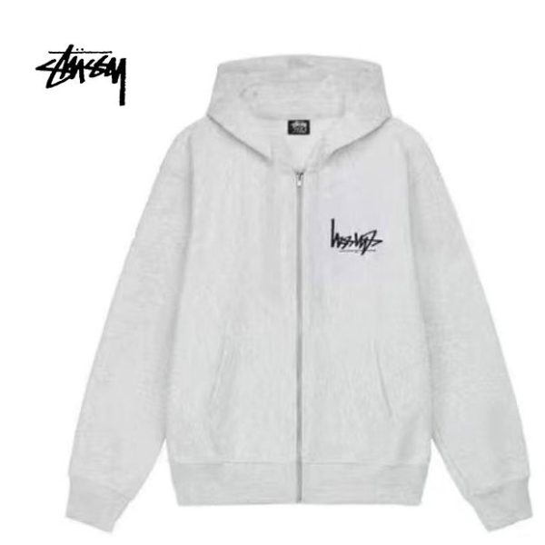 【黑色/灰色】Stussy Logo印花拉鏈抽繩連帽衛衣外套 男女同款