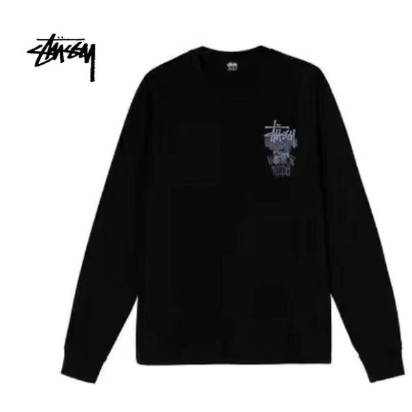 Stussy 廢墟遺址圖案印花寬鬆 圓領長袖T恤 男女同款 黑色/白色