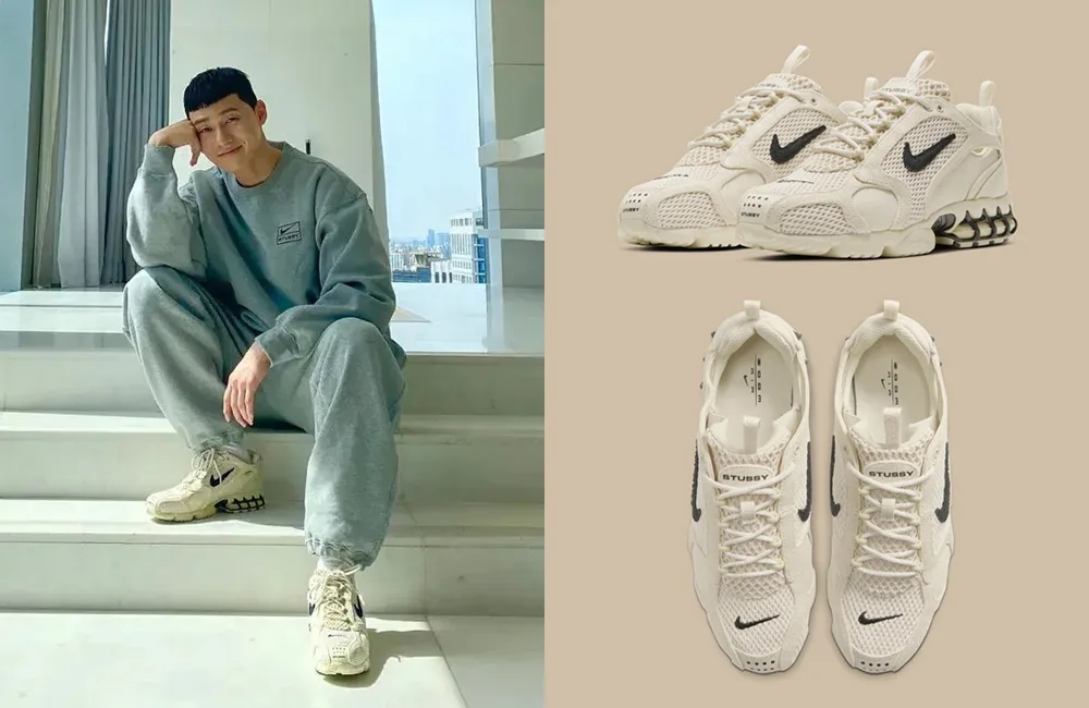 朴敘俊 Stussy Nike Air Zoom Spiridon 米色 - 朴敘俊 Nike Stussy 全新聯名登場，心動搭配示範！